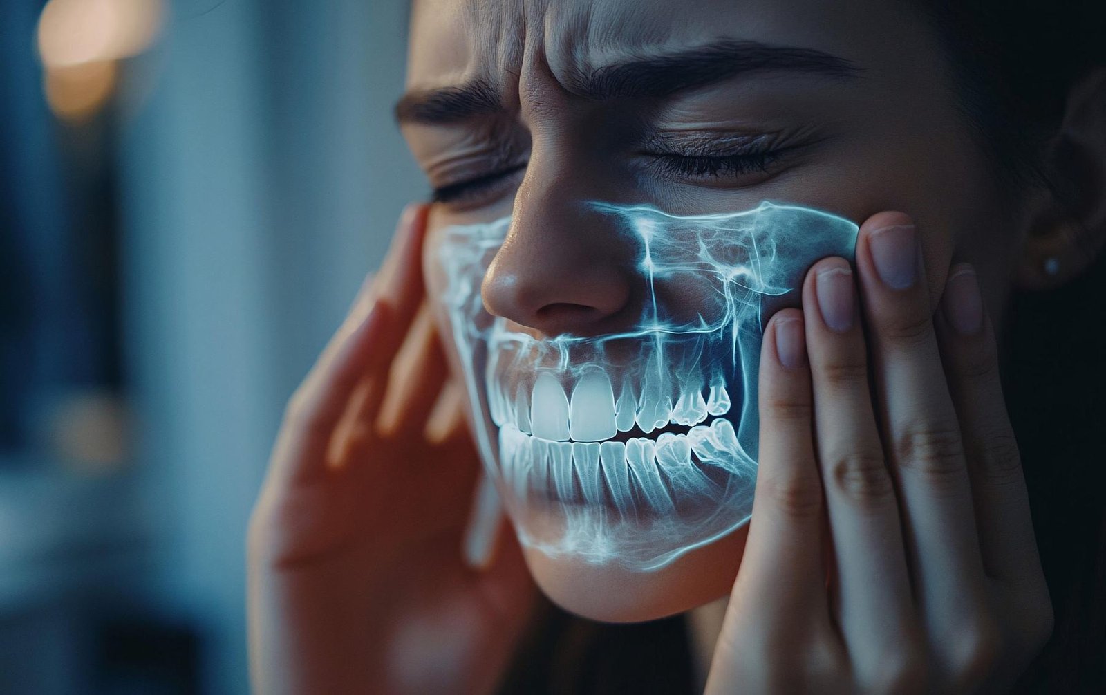 A person pressing their jaw in pain, with a glowing X-ray overlay of the teeth